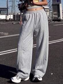 Knot & Curve Women's Sports Sweatpants Spring/Autumn Drawstring Elastic Waist Curved Leg Side Seam Stitching Design Loose Tapered Casual Streetwear Versatile Long Pants - Grey - View 6