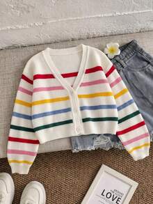 Girls' Colorful Striped Short Knit Cardigan Sweater Jacket, Suitable For Vacation, Party, Spring, Autumn, Winter - Apricot - View 4
