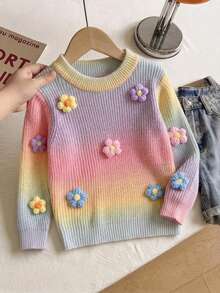 Girls Cute Gradient Color Embroidered Knit Pullover Sweater, Suitable For Vacation, Daily Wear, Spring, Autumn, Winter - Pink - View 4