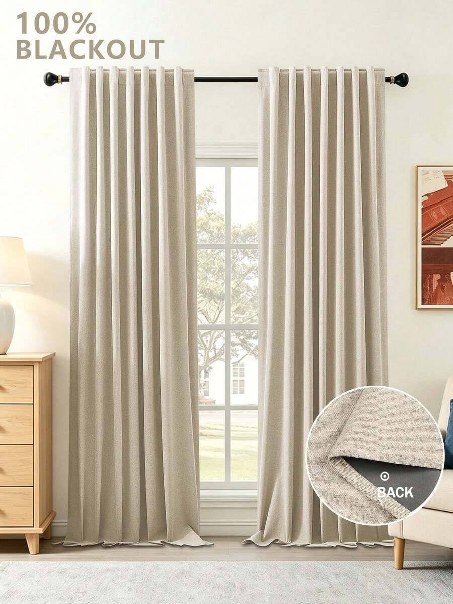 1PC And 2pcs Multiple Sizes Available/Faux Linen Curtains 100% Blackout Curtains/Bedroom Blackout Curtains/Living Room Blackout Curtains/Home Theater Dining Backdrop Blackout Curtains/Rod Pocket Top Curtains/Back Tab Curtains/ Soundproof Curtain Panels/Outdoor Suitable/Natural Beige Curtains - Beige - View 1
