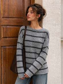 Women's Cozy Grey Knitted V-Neck Sweater With Drop Shoulder Long Sleeves, Perfect For Fall & Winter Daily Wear - Light Grey - View 5
