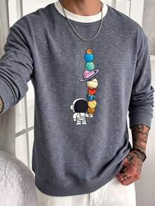 Sweatshirt Pria Musim Gugur/Dingin, Model Patchwork, Bahu Jatuh Longgar, Kerah Bulat, Pakaian Luar Ruangan Penting, Desain Gabungan Elemen Astronot dan Alam Semesta. - Dark Grey - View 2