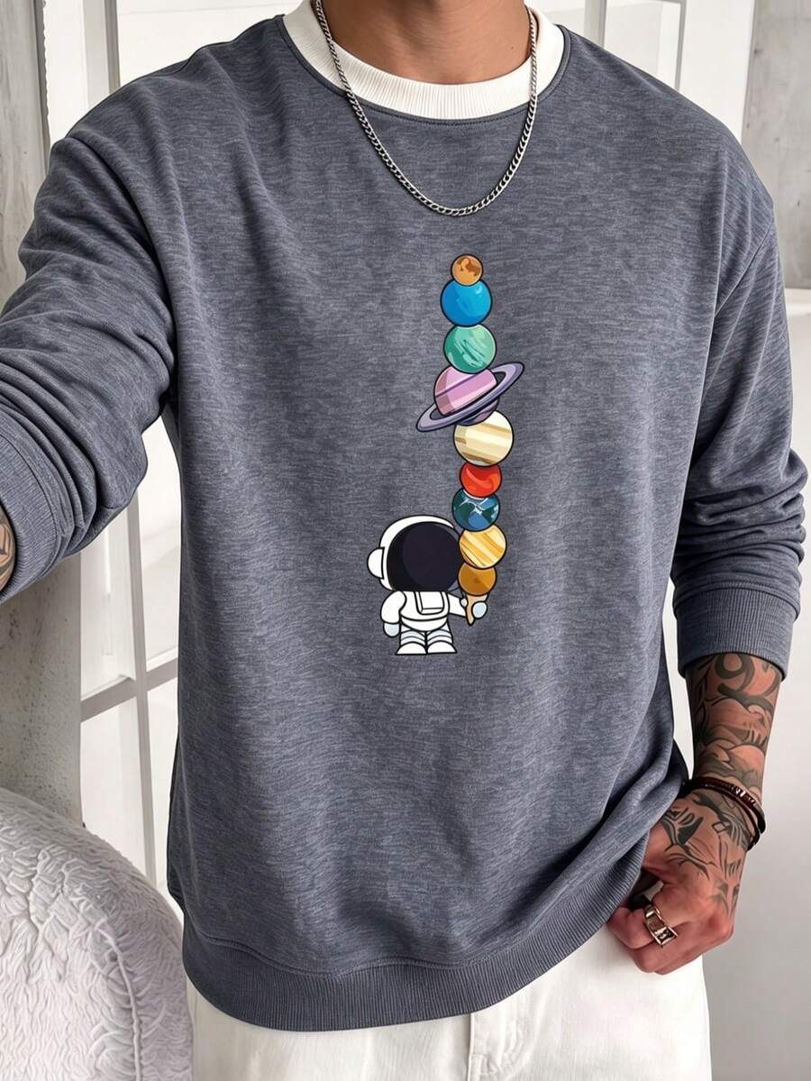 Sweatshirt Pria Musim Gugur/Dingin, Model Patchwork, Bahu Jatuh Longgar, Kerah Bulat, Pakaian Luar Ruangan Penting, Desain Gabungan Elemen Astronot dan Alam Semesta.