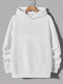 Men's Solid Color Drop Shoulder Long Sleeve Drawstring Pocket Casual Hoodie, Autumn/Winter, Back To School Season - White - View 4