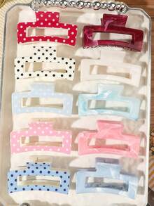 10pcs/Set ABS Material Candy Color Gradient Marble Pattern Polka Dot Print Square Jelly Hair Claw Clips, Versatile Minimalist Korean Style Hair Accessories For Home, Daily Wear And Commute - Multicolor - View 1