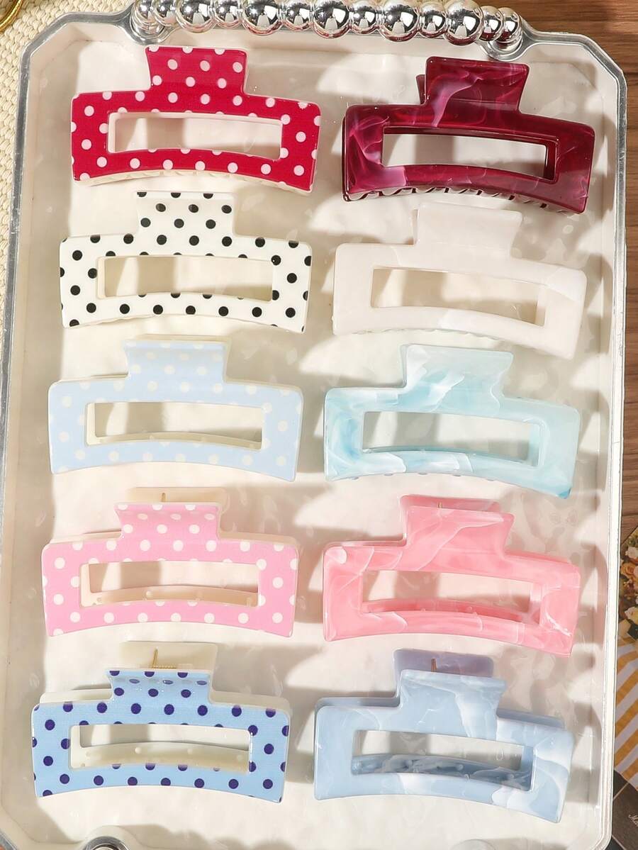 10pcs/Set ABS Material Candy Color Gradient Marble Pattern Polka Dot Print Square Jelly Hair Claw Clips, Versatile Minimalist Korean Style Hair Accessories For Home, Daily Wear And Commute - Multicolor - View 1