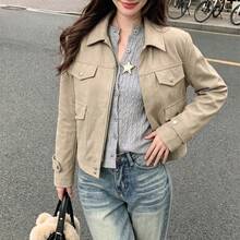 女款素色休閒百搭日常穿著長袖夾克 - 卡其色 - 查看 7