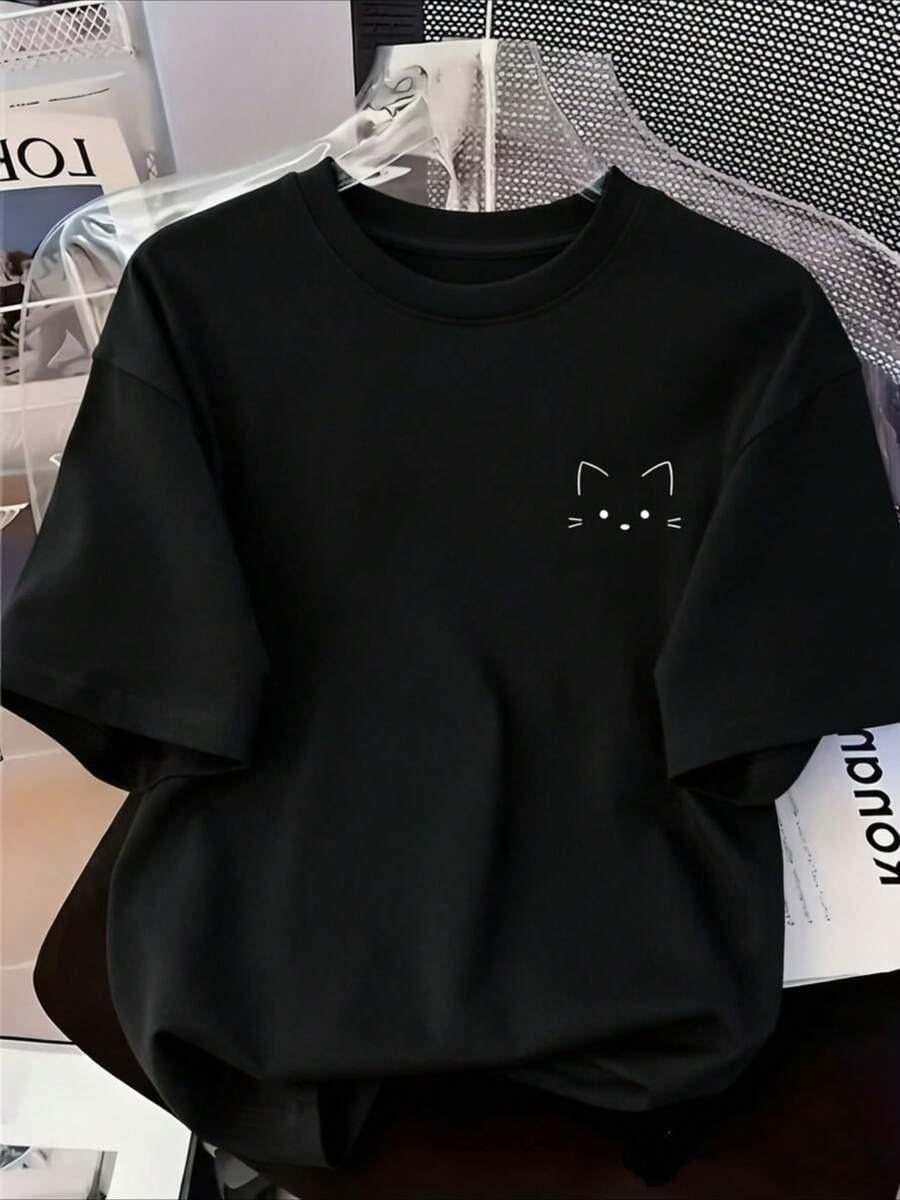 Minimalist Women's T-Shirt In Japanese Style With Cat Logo In Line Drawing, Skin-Friendly, Short Sleeves, Loose And Simple Fit, Simple And Versatile S - Black - View 1
