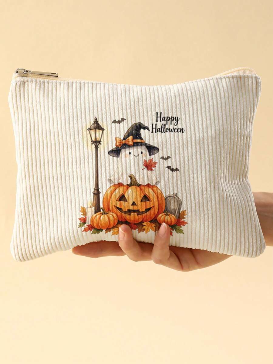1pc, Cosmetic Bag, Multi-Scenario Universal, Ultra-Large Capacity, Ultra-Lightweight Portable, Versatile Practical, Halloween Pattern Printed Toiletry Bag, Thick Corduroy Toiletry Cosmetic Bag, Cosmetic Pouch, Large Capacity Toiletry Bag, For Lipstick, Brushes, Skincare, Phone, Coins, Small Items, For Home, Gift, Vacation And Holiday Multi-Functional Use Teenager Toiletry Storage Bag - Multicolor - View 1