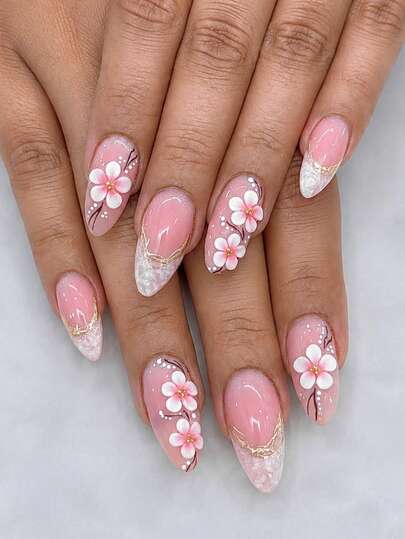 10pcs Handmade Press-On Nails, Short Almond Shape Fake Nails, Nude Pink Cherry Blossom Luxury Style Manicure, Sexy Atmosphere 3D Flower Nail Art, Hand-Painted Gold Outline, 3D Pink Cherry Blossom, Pearl Vine Decoration, Transparent Jelly Effect, Versatile For All Hands, Includes Nail Tools, Quick Application And Removal, Suitable For Various Occasions, Almond Shape Nail Stickers For Women And Girls
