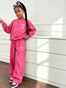 Girls Casual Bowknot Print Knitted Warm Long Sleeve Sweatshirt And Wide Leg Sweatpants Set - Pink - View 1