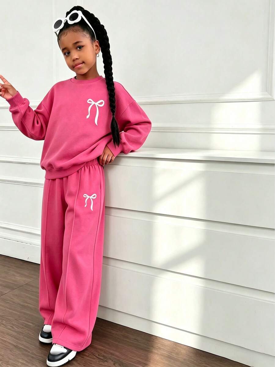 Girls Casual Bowknot Print Knitted Warm Long Sleeve Sweatshirt And Wide Leg Sweatpants Set - Pink - View 1