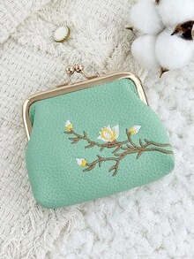 時尚花卉刺繡外觀,多功能且緊湊設計,附夾式開關,便攜式零錢包與卡包 - 綠色 - 查看 3
