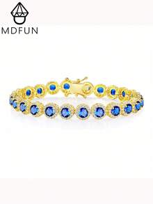 MDFUN 18K金閃耀光環藍色藍寶石鏈條手鍊，婚禮與派對專屬個性化珠寶 - 金藍鋯 - 查看 1