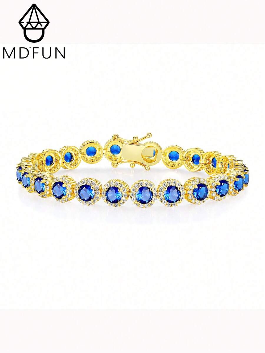 MDFUN 18K金閃耀光環藍色藍寶石鏈條手鍊,婚禮與派對專屬個性化珠寶 - 金藍鋯 - 查看 1