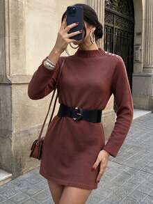 SEREN Fashion Women's Pencil Skirt Short Sweater Dress, Long Sleeve Button Detail, Winter Clothing - Mocha Brown - View 2