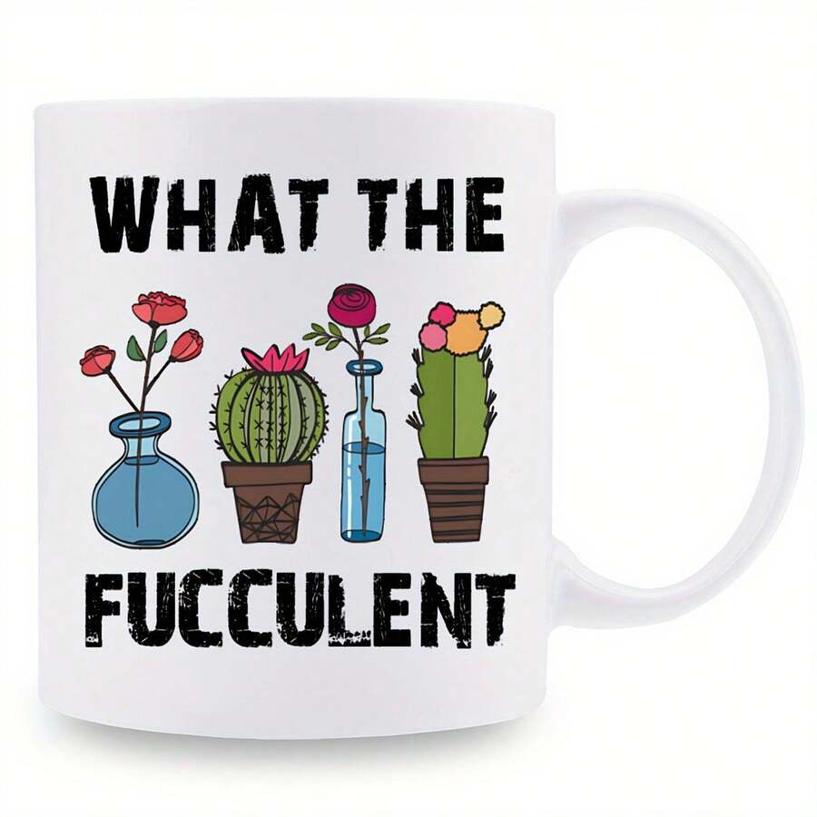 1pc Funny Succulent Plant Pattern Mug | 11 Oz Ceramic Coffee Cup, Reusable, Washable, Ideal For Mom, Mother-In-Law, Friends, Birthday, Thanksgiving Day, Novel Drinkware Without Electricity - White - View 1