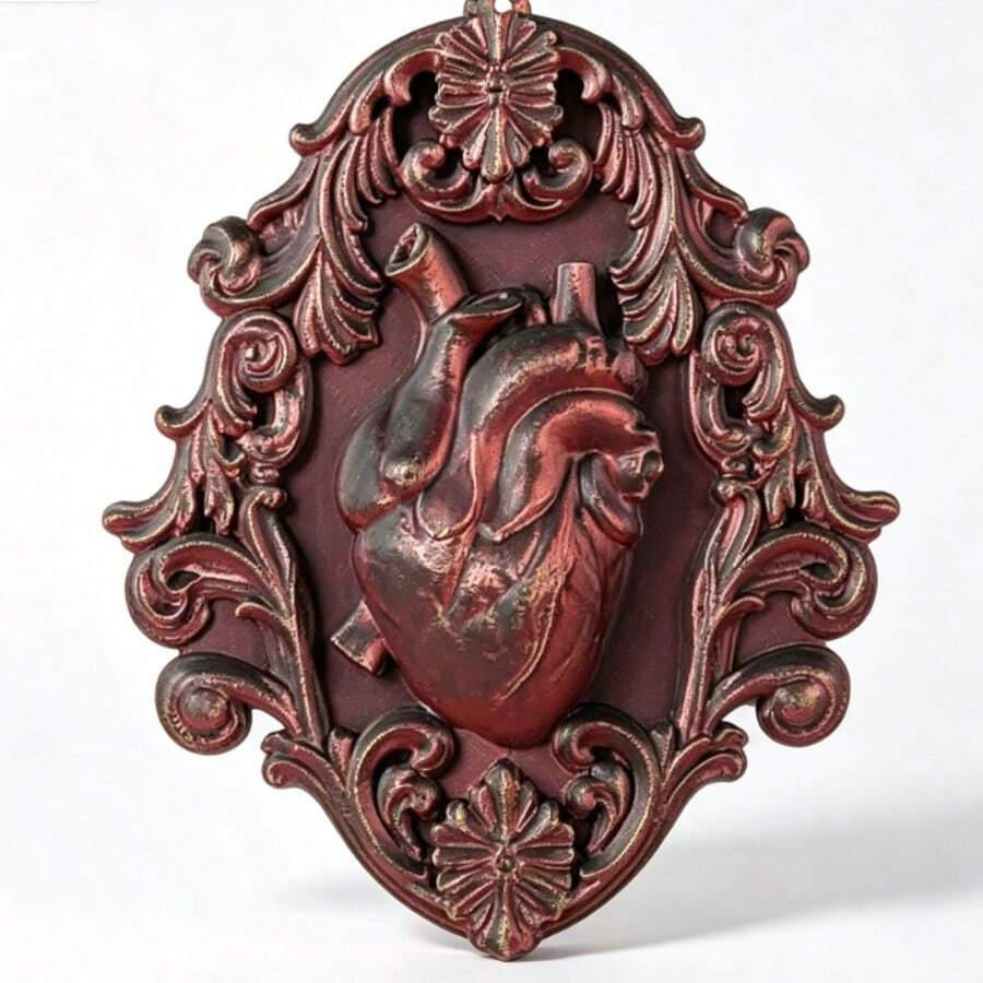 Dark Gothic Heart Relief Wall Hanging, Vintage Baroque Carved Frame Niche Art Wall Decor Ornament - 2869 - View 1