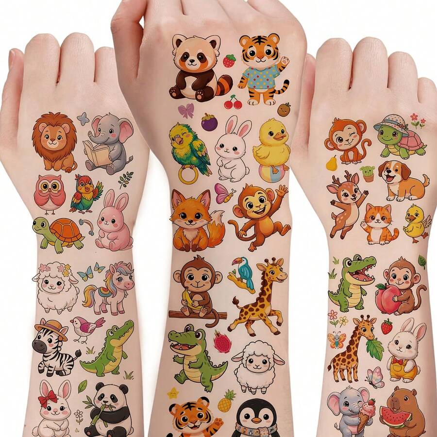 10 Sheets Forest Animal Theme Party Temporary Tattoo Stickers, Elephant Capybara Giraffe Parrot Peacock Penguin Multi-Pattern Design, Holiday Party Gift Fillers, Makeup Performance Body Art Decoration Temporary Fake Tattoos - Multicolor - View 1