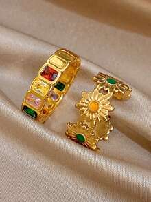1Pc/Set Retro Flowers Open Ring Multicolor Rectangle Zirconia Ring,Gold Jewelry For Women,Party,Daily,Birthday Gifts,Christmas,Boho/Y2K/Fall/Halloween - Multicolor - View 1