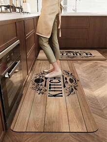 1pc Faux Wood Grain Board Base Vintage KITCHEN Theme Printed 3.5mm Floor Mat, Soft Rubber Cuttable, Kitchen Rug Bathroom Mat, Suitable For Kitchen, Bathroom, Entryway, Hallway, Living Room, Outdoor Garden Decor Small Rug Indoor Mat - Multicolor - View 1