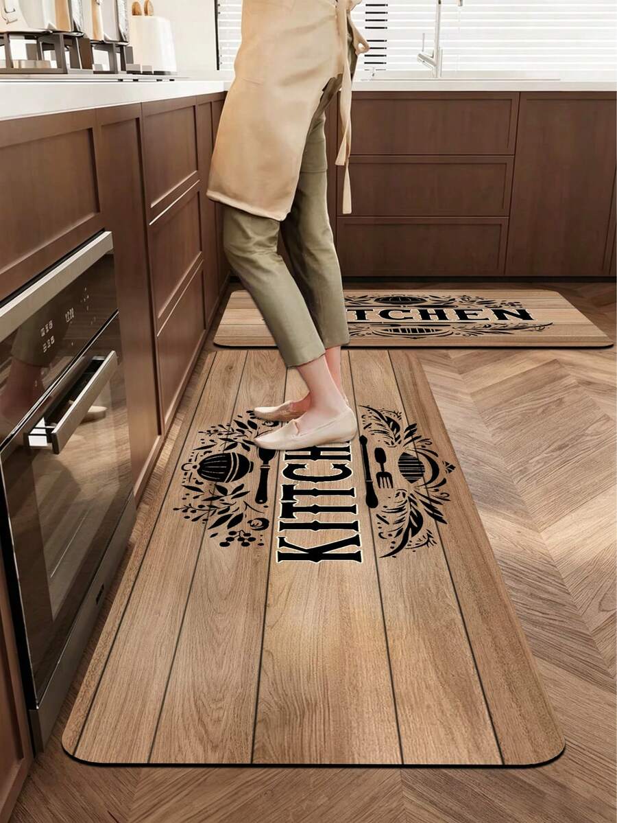 1pc Faux Wood Grain Board Base Vintage KITCHEN Theme Printed 3.5mm Floor Mat, Soft Rubber Cuttable, Kitchen Rug Bathroom Mat, Suitable For Kitchen, Bathroom, Entryway, Hallway, Living Room, Outdoor Garden Decor Small Rug Indoor Mat - Multicolor - View 1