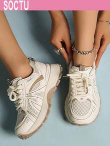Women's Round Toe Fashion Lace-Up Student Style Casual Comfortable Versatile Outdoor Running Sports Shoes - Khaki - View 4