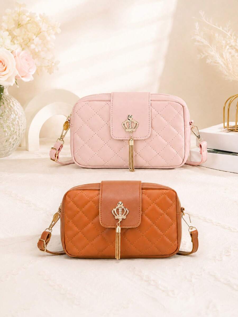 1pc Women's Luxury Quilted Small Square Bag, Crown Tassel Decor Crossbody Bag, Adjustable Strap Minimalist Versatile Camera Bag - M1915 - View 1