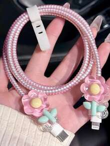 1 Set Sweet Floral Data Cable Protector Compatible With Apple 18W/20W, Ins Sweet Girl Style Data Cable Protector, Gift For Friends, Ideal Small Gift, Christmas Gift - Sheer Pink Flower - View 2