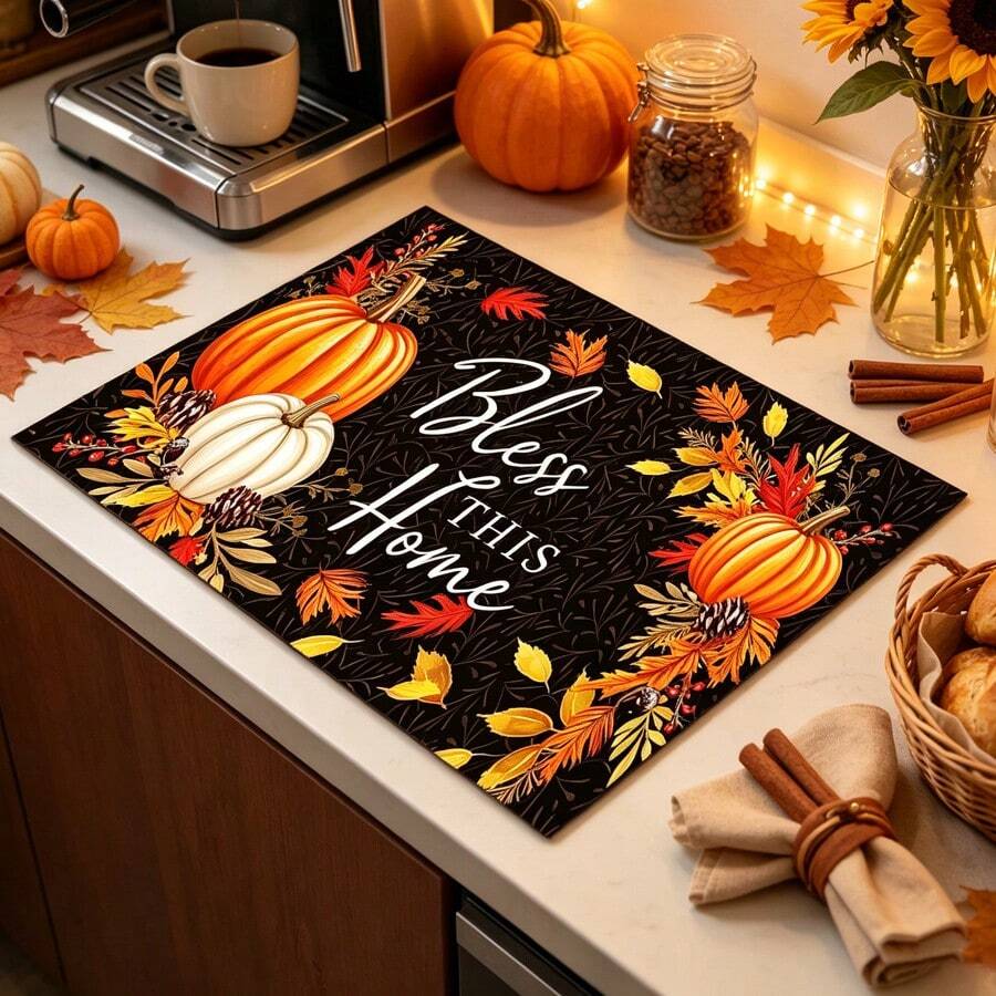 1pc Dish Drying Mat, Coffee Machine Mat, Autumn Pumpkin Blessing Theme Dish Drying Mat, Protects Countertop From Cup And Plate Bumps And Scratches, Suitable For Daily Kitchen Dish Draining, Fits Thanksgiving Autumn Harvest Home Holiday Atmosphere, Multi-Purpose Draining Mat, Home Gift, Tabletop Decoration