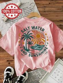 Summery Women's Top In A Casual Style With A Vintage Print On Both Sides, Featuring Coconut Palms, Sun And The Text "SALT WATER AND SUNSHINE" On A Sho - Pink - View 3