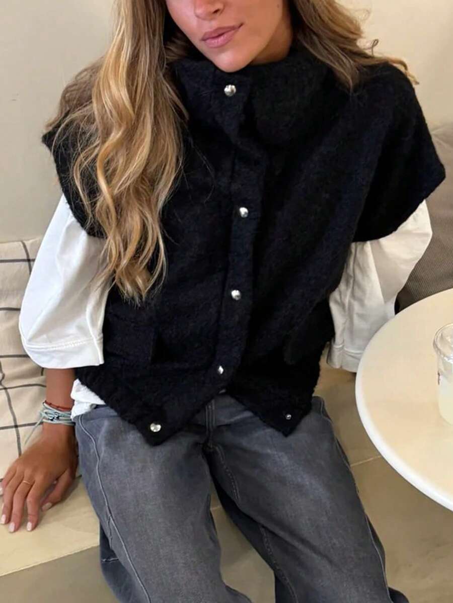 新款時尚優雅純色休閒鈕扣式女款羊毛背心外套,適合日常穿著、居家、度假、大學校園、四季皆宜 - 黑色 - 查看 1