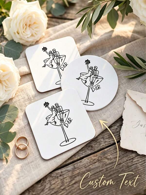 Personalized Wedding Paper Coasters, Customizable Name/Date/Text, Suitable For Wedding, Engagement Decoration, Exclusive Tabletop Protection Pad, Used For Dining Table Arrangement Beverage Cup Holder, Anniversary