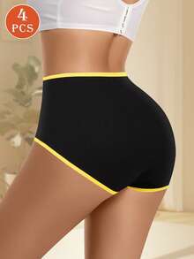 MEIYATING 4 Peças Calcinhas Triangulares Femininas de Cintura Alta com Controle de Barriga, Cor Contrastante, Algodão, Abertura de Perna Alta, Sem Aperto nas Coxas, Confortáveis - Multicolorido - Visão 3