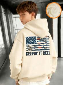 Teen Boy Fun Print Pullover Sweatshirt, Warm And Comfortable Thermal Lined Pullover Sweatshirt For Autumn/Winter - Apricot - View 1