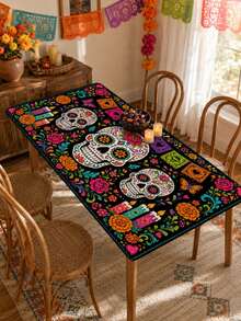 Gothic Halloween Tablecloth, Sugar Skull Rose Floral Pattern Tablecloth, Day Of The Dead Mexican Festival Decoration, Black Skull Design Dining Tablecloth, Rectangular Party Home Kitchen Desktop Decor - Multicolor - View 7