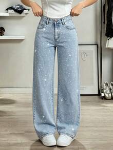 Teen Girl's Loose Fit Washed Wide Leg Pants With Rhinestone Embellishment, Casual Long Pants, Versatile For Daily Wear - Light Wash - View 2