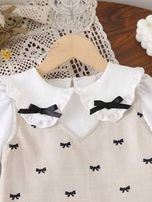 Girls 2pcs Set Long Sleeve Ruffle Peter Pan Collar Princess Style Blouse With Bow Pattern Patchwork Dress Outfit, Autumn/Winter New - Apricot - View 4