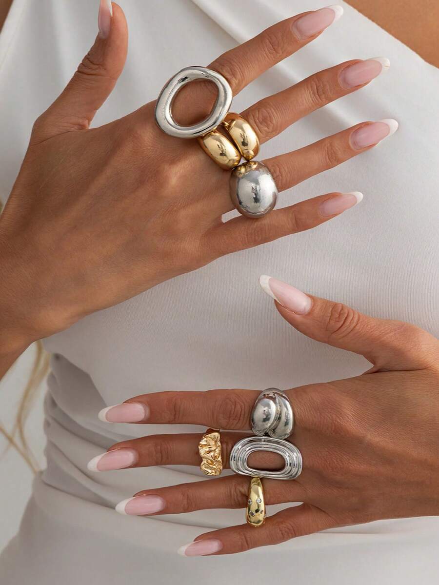 8 Pcs Bohemian Chunky Mixed Metal Rings, Stackable Gold And Silver Tone Statement Rings For Daily And Party Wear - Color Mixing - View 1