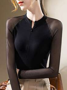 Women's Black Long Sleeve T-Shirt, Stand Collar, Slim Fit, Mesh Patchwork, Spring/Autumn 2026 New Style Undershirt - Black - View 4