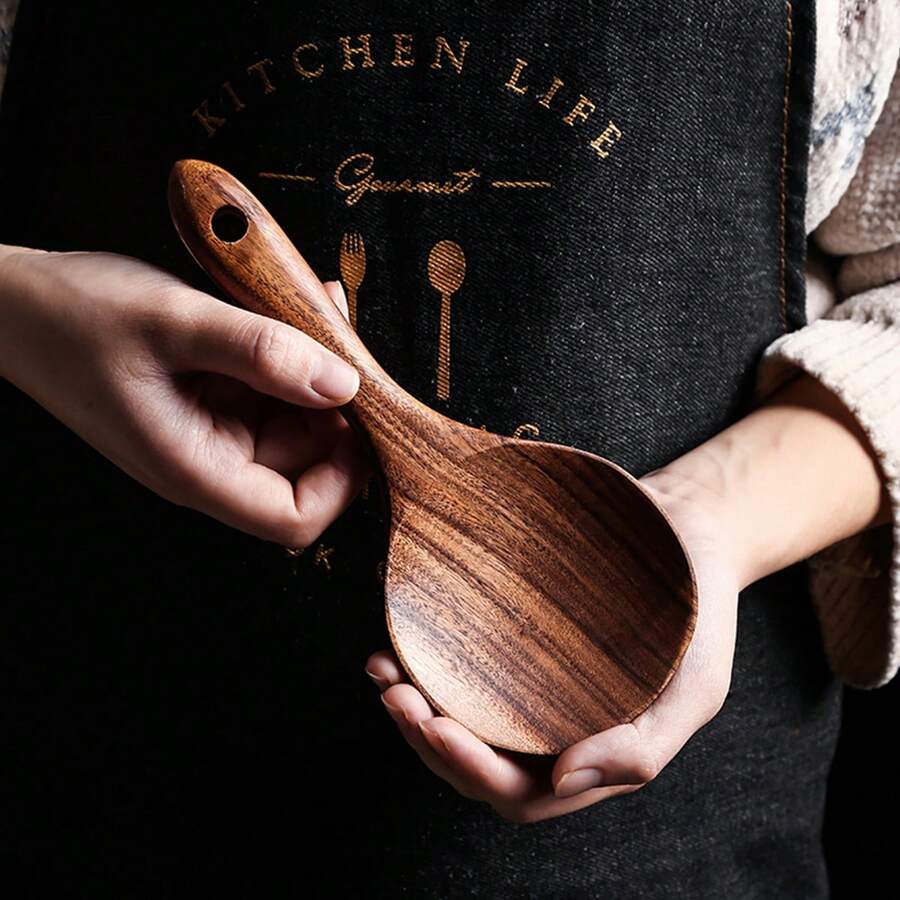 1pc Teak Wood Rice Spoon, Rice Paddle Scoop, Wooden Kitchen Spoon, Ladle, Tablespoon, Big Serving Spoon, Wooden Kitchen Utensil Tableware - Brown - View 1