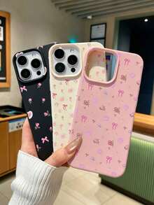 3pcs White Lychee Texture Matte Minimalist Lens Protection Black Floral Fresh Pattern Phone Case Personalized Suitable For IPhone 16 Pro Max 17/16/15/14 Plus/13/12/11 Protective Case Air Suitable For Samsung Series - Multicolor - View 2