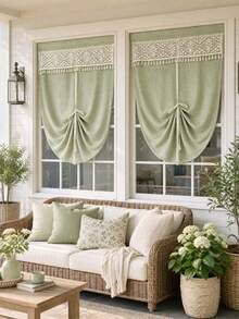 1pc Boho Style Linen Door Curtain With Lace Valance - Exquisite Floral Crocheted Lace Valance, Farmhouse Style Linen Room Divider Curtain For Bathroom Laundry Kitchen Bedroom Entrance - Green - View 10