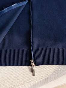 Girls' European & American Style Solid Color Zip-Up Knit Cardigan Sweater, Long Sleeve, Suitable For Casual Daily Wear In Spring, Autumn And Winter - Navy Blue - View 5