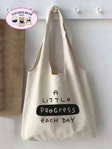 1pc Beige The New Muse English Barcode Print Women's Canvas Tote Bag, Vest Bag, Portable Shopping Bag For Outings - Beige - View 1