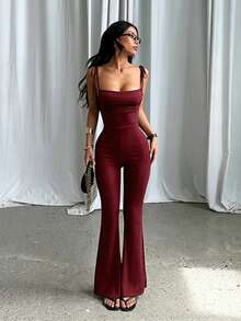 Summer Solid Color Backless Cinched Waist Pleated Design Jumpsuit, Suitable For Commuting, Party, Gym, Concert, Beach, Festival - Burgundy - View 3