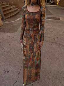 Fall Effortless Chic Abstract Print Mesh Maxi Dress Women Vintage Print Long Sleeve Side Ruched Bodycon Elegant Party Club Dress With Scarf - Multicolor - View 5