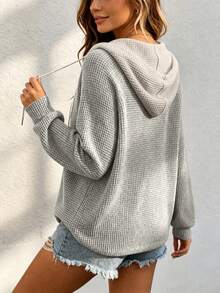Plus Size Women's Waffle Knit Long Sleeve Hooded Top With Drawstring And Button Details, Slim Fit Regular Length Pullover, Suitable For Daily Wear - Grey - View 6