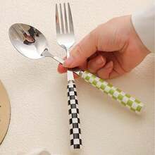 4/24pcs Unique Checkered Pattern Stainless Steel Tableware Set, Beautiful And Elegant Porcelain, Multiple Colors, Including Ceramic Handle Silverware, Creative Kitchen, Including Forks, Table Knife, Spoons, Dessert Spoon, Suitable For Daily Dining - Multicolor - View 7