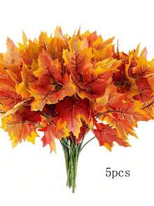 1/3/5pcs Artificial Maple Leaf Bundle, Autumn Foliage Branch, Thanksgiving Harvest Decoration - Orange - View 10
